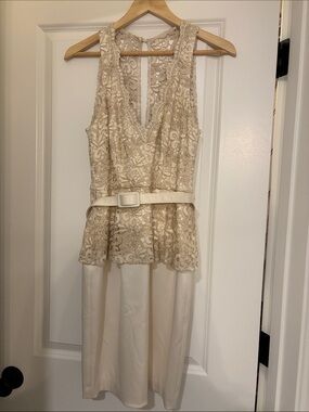 Xscape Sleeveless Ivory Lace Peplum Dress with Belt